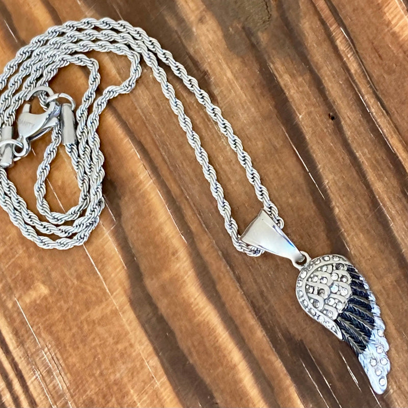 Sanity Steel Pendant Mini Angel Wings - Pendant - Black & White Bling - Rope Necklace or Omega - SK2537