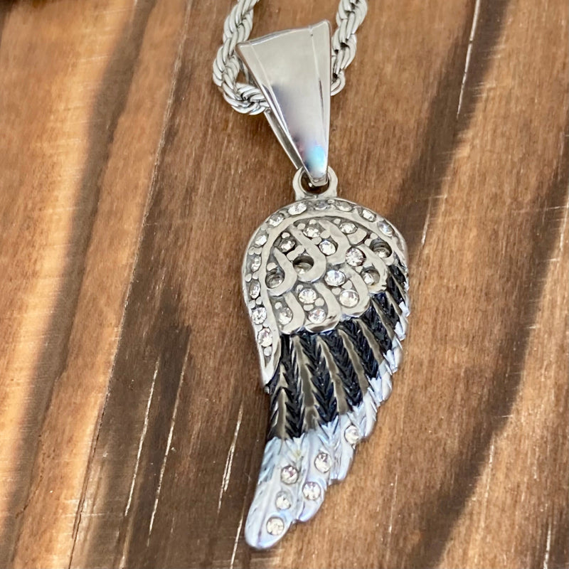 Sanity Steel Pendant Pendant Oniy Mini Angel Wings - Pendant - Black & White Bling - Rope Necklace or Omega - SK2537