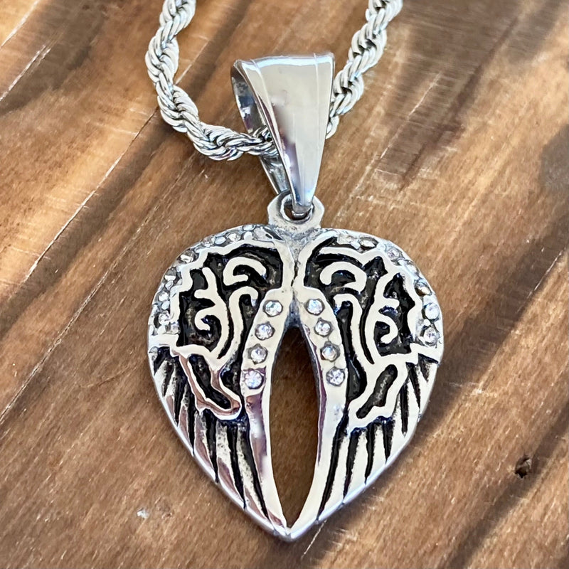 Sanity Steel Pendant Pendant Only Mini Angel Wing Heart - Pendant - Silver Bling - Rope Necklace - 036C