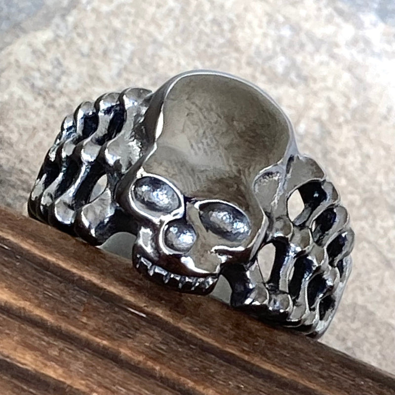 Sanity Steel Skull Ring Skull Ring with Bones - Galvanized - Sizes 4-12 - R208
