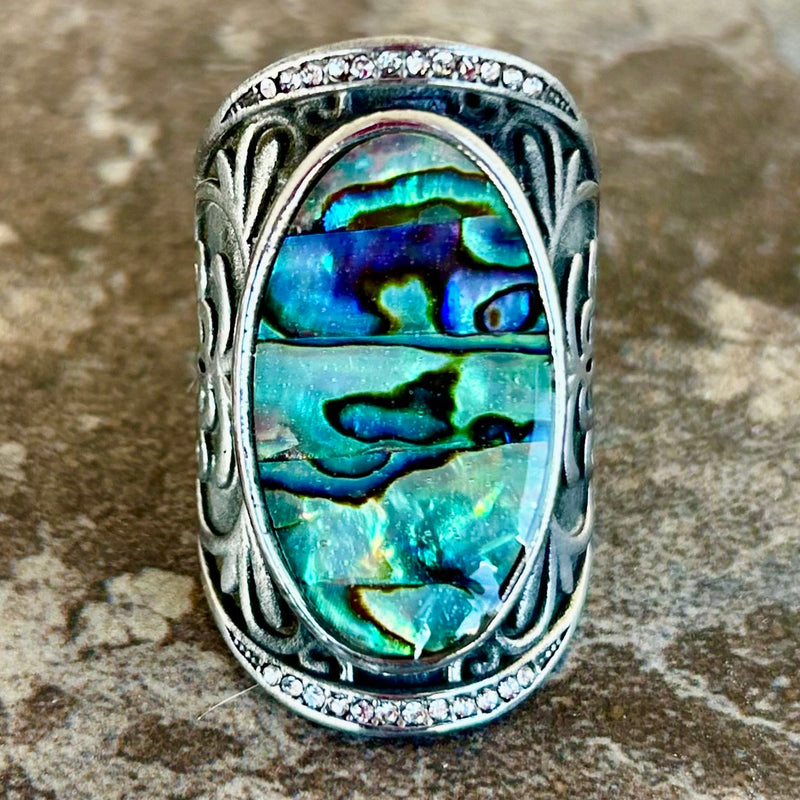 Sanity Steel Skull Ring The Looking Queen - Sea Shell - Silver w/White Stone - R193