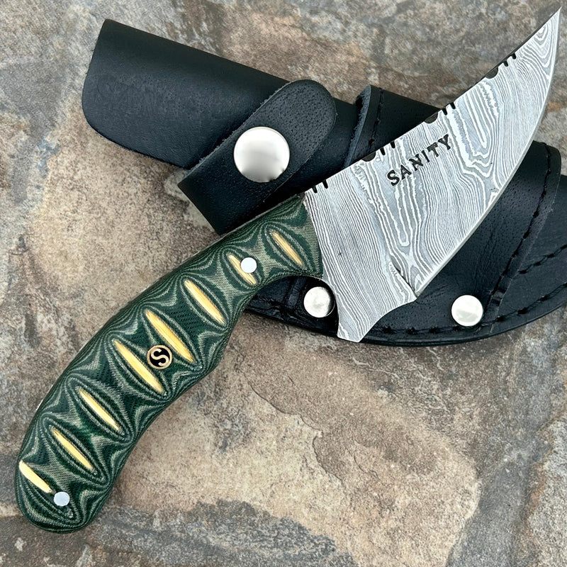 Sanity Steel Steel 7” Frank James - Green & White Wood - Damascus - Horizontal & Vertical Carry - FJ002