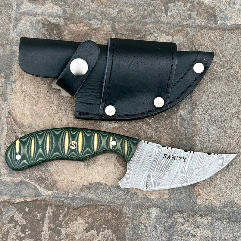 Sanity Steel Steel 7” Frank James - Green & White Wood - Damascus - Horizontal & Vertical Carry - FJ002