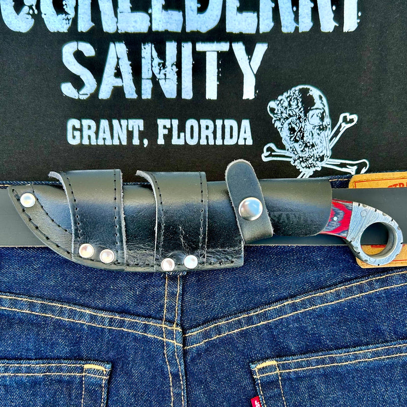Sanity Steel Steel 9” Al Capone - Red & Black Wood - Damascus - Horizontal & Vertical Carry- PE03