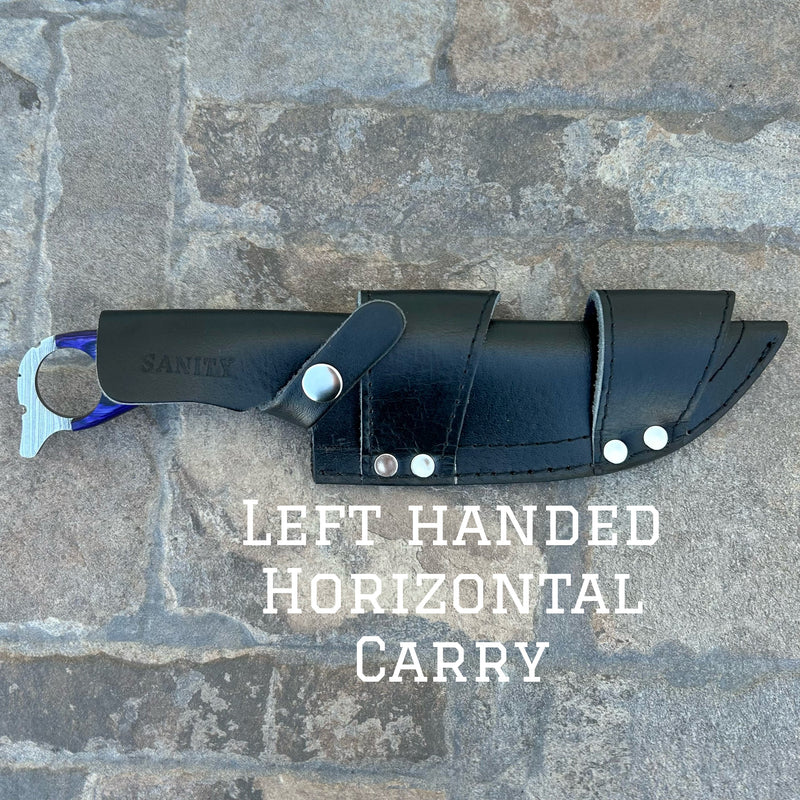 Sanity Steel Steel Left Handed Horizontal 11” John Dillinger - Blue & Black Wood - Damascus - Horizontal & Vertical Carry - JDE04