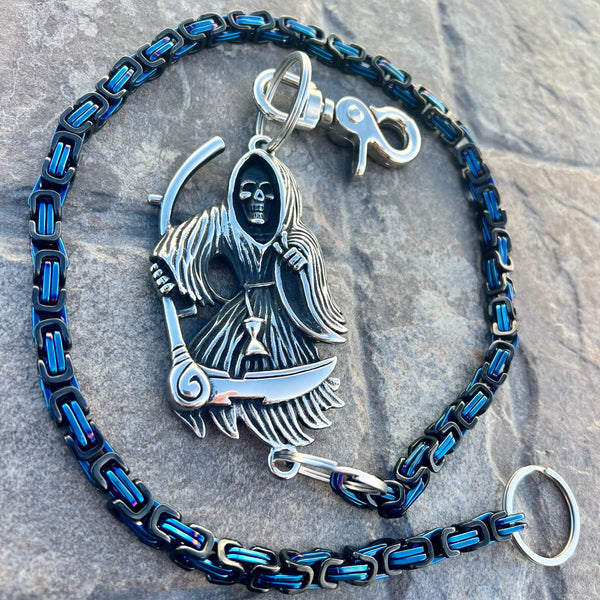Sanity Steel Wallet Chain 23” Grim Reaper W/ Scythe Wallet Chain - Black & Blue Daytona Deluxe - WC450D