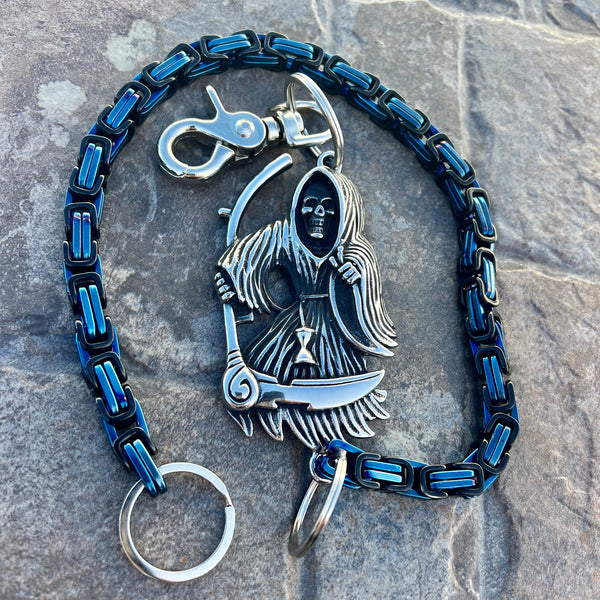 Sanity Steel Wallet Chain 23” Grim Reaper W/ Scythe Wallet Chain - Black & Blue Daytona Heritage - WC450H