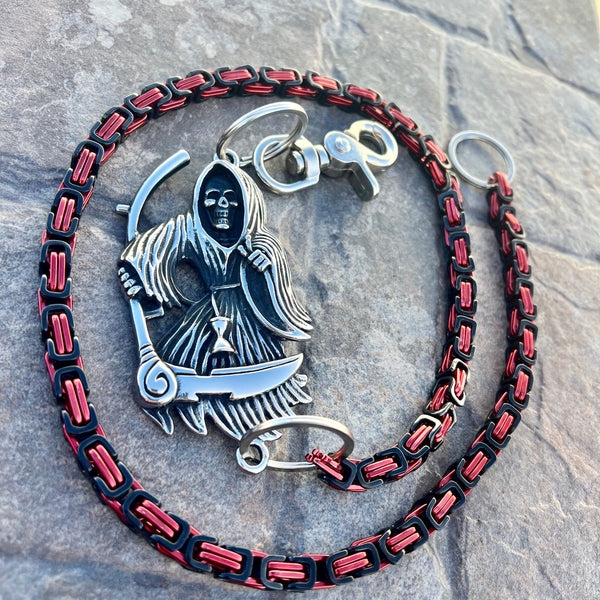 Sanity Steel Wallet Chain 23” Grim Reaper W/ Scythe Wallet Chain - Black & Red Daytona Deluxe - WC451D