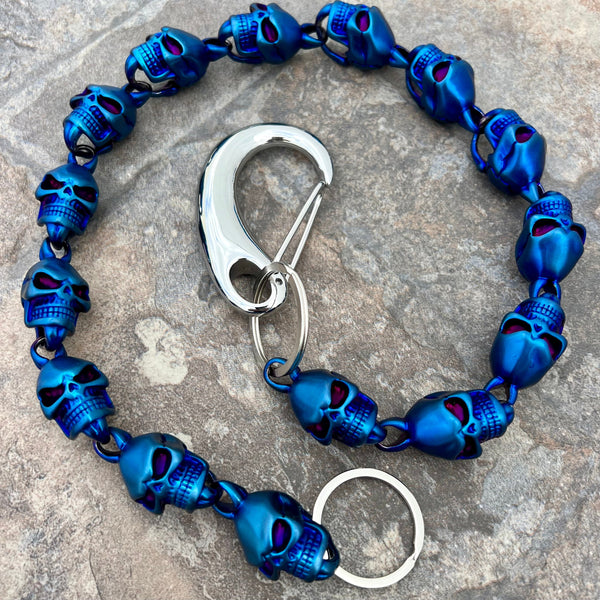 Sanity Steel Wallet Chain 23” Hellride Classic Skull Wallet Chain Matte Blue 1.5” - W/ Sanity’s Polished Hook Clip