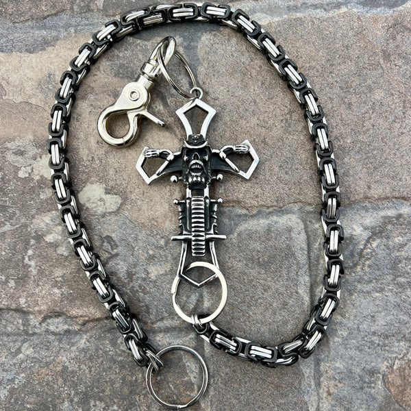 Sanity Steel Wallet Chain 24” Cowboy Cross Wallet Chain - Black & Silver Daytona Deluxe - WC228D