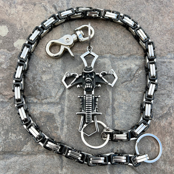 Sanity Steel Wallet Chain 24” Cowboy Cross Wallet Chain - Black & Silver Daytona Heritage - WC228H