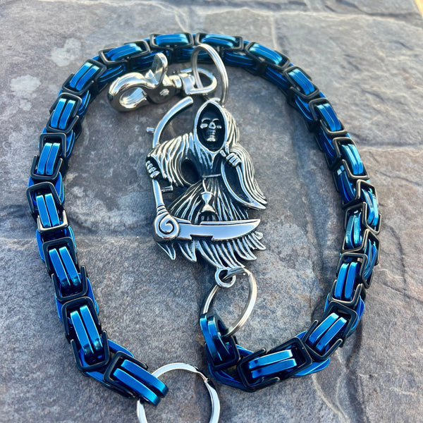 Sanity Steel Wallet Chain 24” Grim Reaper W/ Scythe Wallet Chain - Black & Blue Daytona Road King - WC450RK