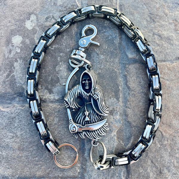 Sanity Steel Wallet Chain 24” Grim Reaper W/ Scythe Wallet Chain - Black & Silver Daytona Road King - WC452RK