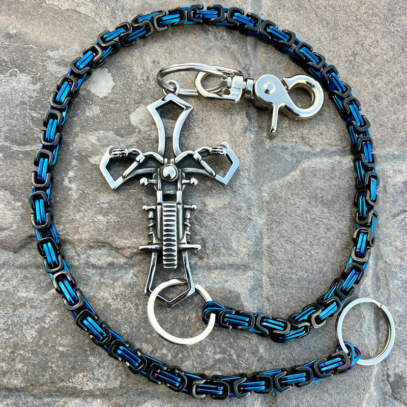 Sanity Steel Wallet Chain 24” Motorcycle Cross Wallet Chain - Black & Blue Daytona Deluxe - WC227D