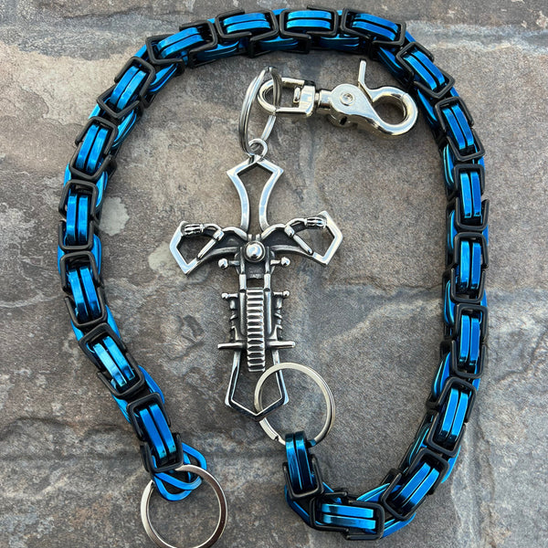 Sanity Steel Wallet Chain 24” Motorcycle Cross Wallet Chain - Black & Blue Daytona Road King - WC227RK