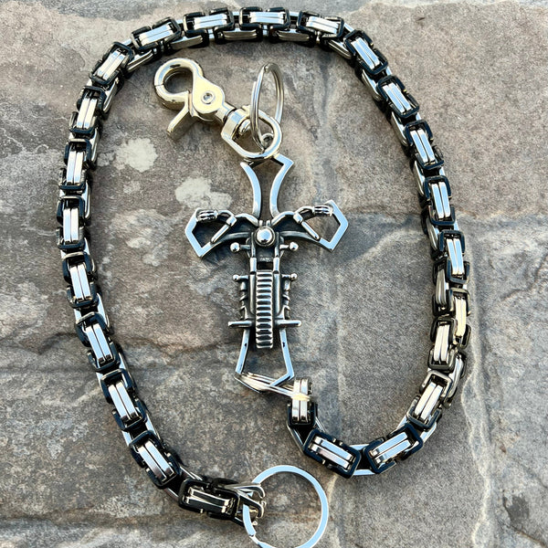 Sanity Steel Wallet Chain 24” Motorcycle Cross Wallet Chain - Black & Silver Daytona Heritage - WC228H