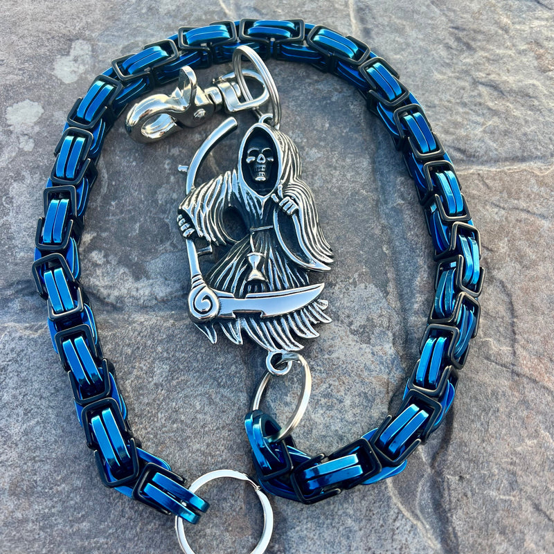 Sanity Steel Wallet Chain Grim Reaper W/ Scythe Wallet Chain - Black & Blue Daytona Road King - WC450RK