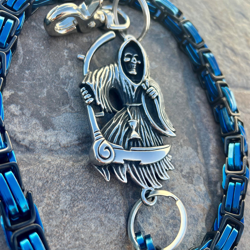 Sanity Steel Wallet Chain Grim Reaper W/ Scythe Wallet Chain - Black & Blue Daytona Road King - WC450RK