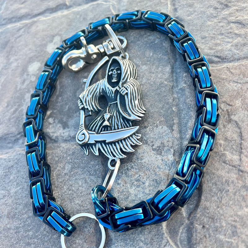 Sanity Steel Wallet Chain Grim Reaper W/ Scythe Wallet Chain - Black & Blue Daytona Road King - WC450RK