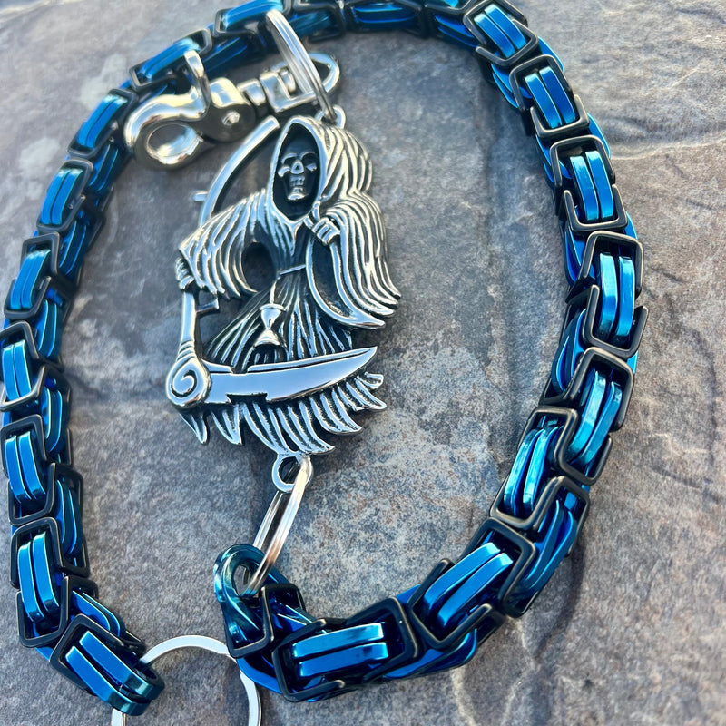Sanity Steel Wallet Chain Grim Reaper W/ Scythe Wallet Chain - Black & Blue Daytona Road King - WC450RK