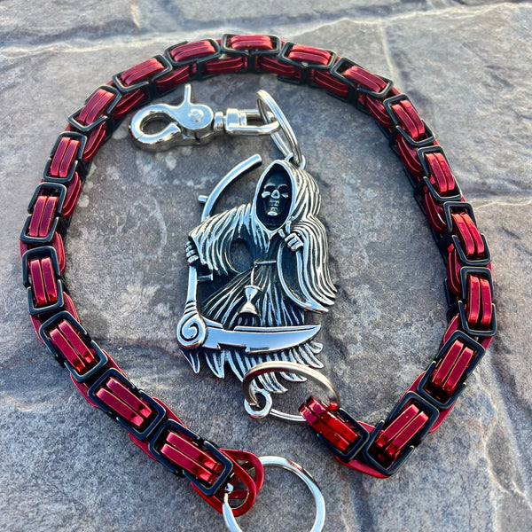 Sanity Steel Wallet Chain Grim Reaper W/ Scythe Wallet Chain - Black & Red Daytona Road King - WC451RK