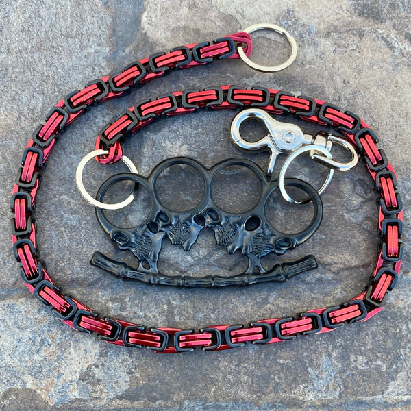 Sanity Steel Wallet Chain Wallet Chain - Black & Red Daytona Heritage - W/ Small Black Skull Four Finger Ring 30" - WCK-12