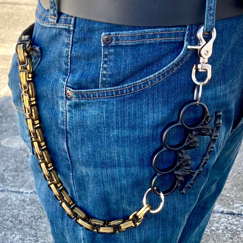 Sanity Steel Wallet Chain Wallet Chain - Gold & Black Daytona Road King - W/ Black Skull Four Finger Ring 31" - WCK-18