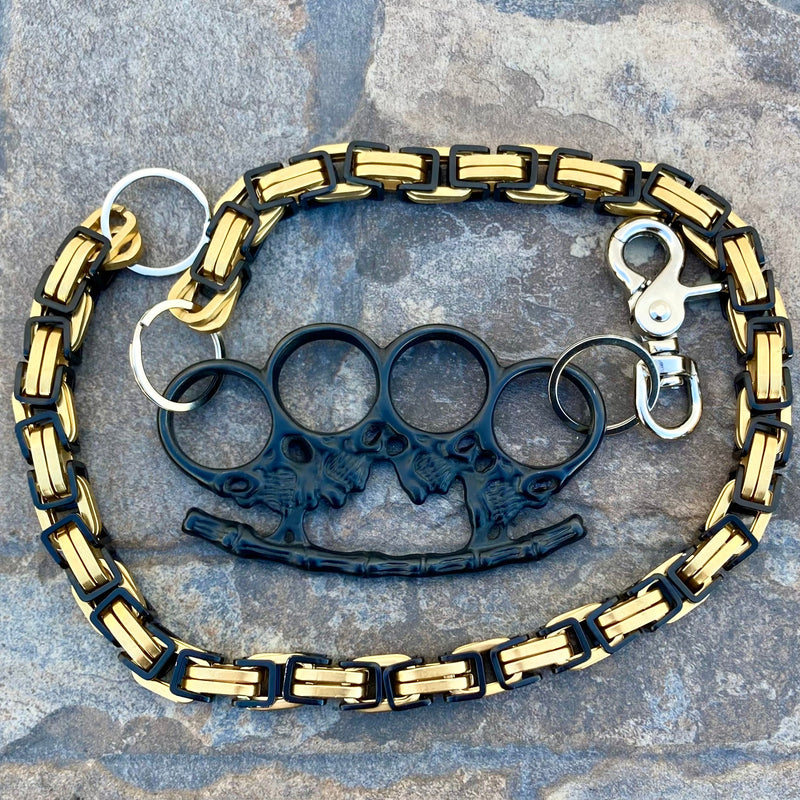Sanity Steel Wallet Chain Wallet Chain - Gold & Black Daytona Road King - W/ Black Skull Four Finger Ring 31" - WCK-18