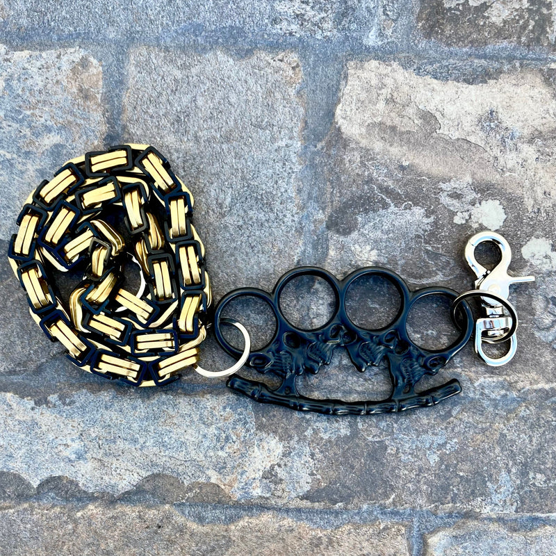 Sanity Steel Wallet Chain Wallet Chain - Gold & Black Daytona Road King - W/ Black Skull Four Finger Ring 31" - WCK-18