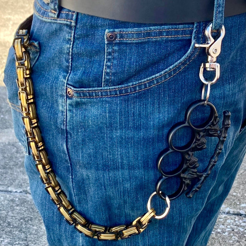 Sanity Steel Wallet Chain Wallet Chain - Gold & Black Daytona Road King - W/ Black Skull Four Finger Ring 31" - WCK-18