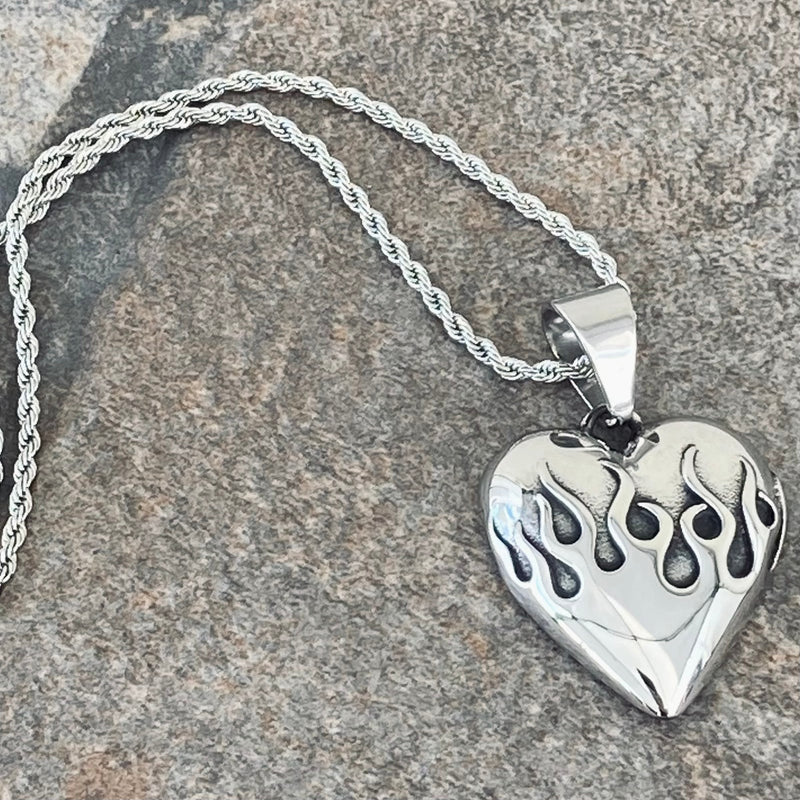 Sanity Jewelry 2 mm 16 inch - Classic Rope Chin Flaming Heart - Stainless -  SK2606 & Classic Rope Chain