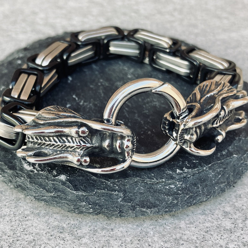 Sanity Jewelry Bracelet - 2 Dragons Head Daytona - Black and Silver Stainless - Heritage - B82