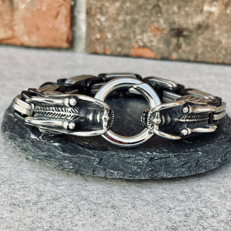 Sanity Jewelry Bracelet - 2 Dragons Head Daytona - Black and Silver Stainless - Heritage - B82