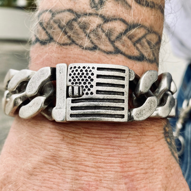 Sanity Jewelry Bracelet Bagger Bracelet - "EASY BIKER" - American Flag Brushed - 3/4" wide - B124