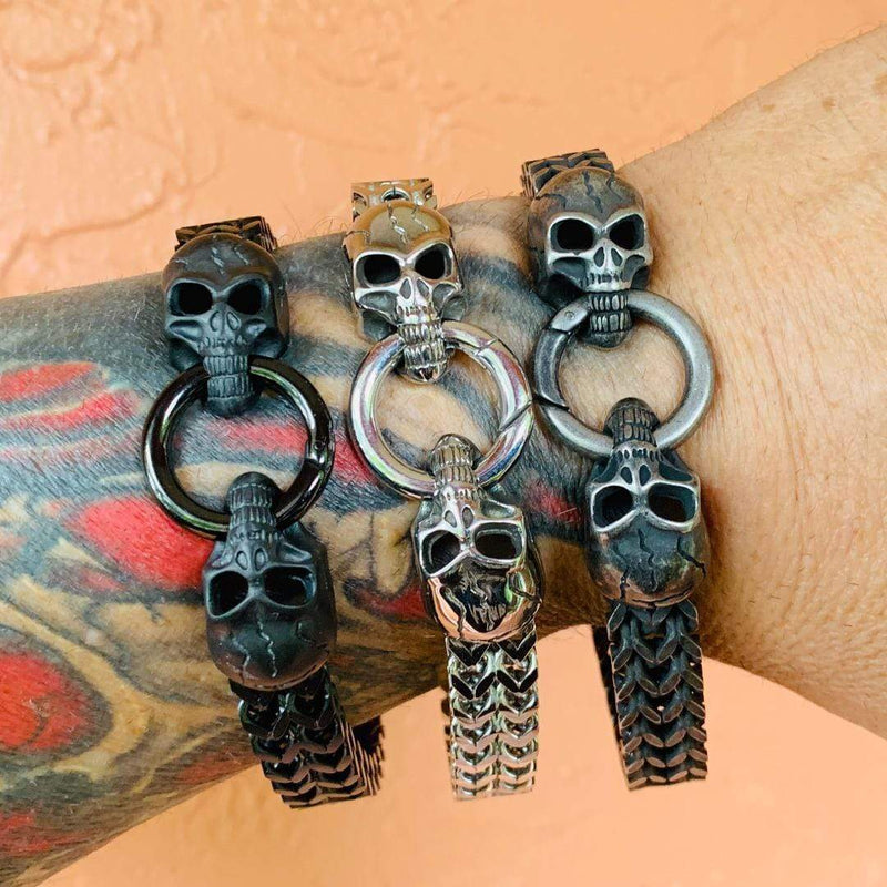 Sanity Jewelry Bracelet "Viking with 2 Skull Heads" - Galvanized Stainless - 1/2 inch wide - B10