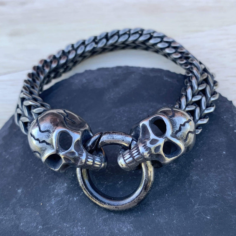 Sanity Jewelry Bracelet "Viking with 2 Skull Heads" - Galvanized Stainless - 1/2 inch wide - B10