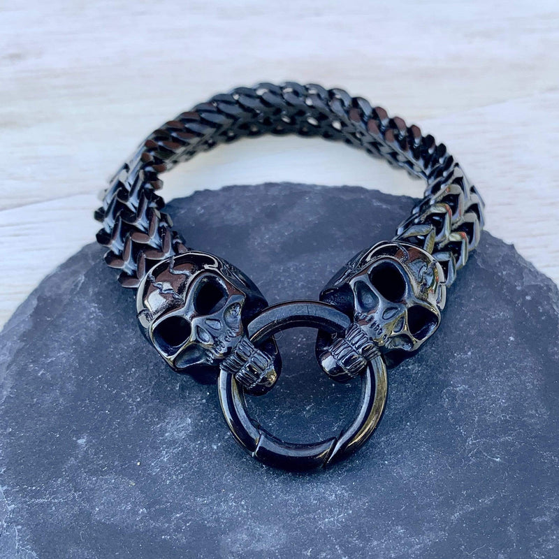 Sanity Jewelry Bracelet "Viking with 2 Skull Heads" - Shiny Black - 1/2 inch wide - B77