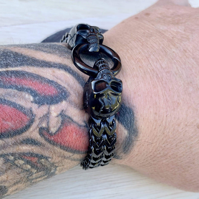 Sanity Jewelry Bracelet "Viking with 2 Skull Heads" - Shiny Black - 1/2 inch wide - B77