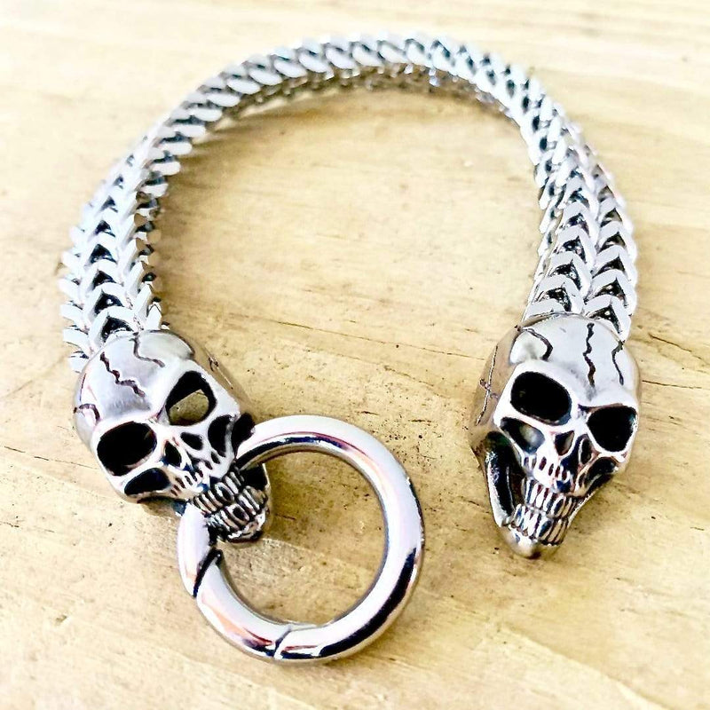 Sanity Jewelry Bracelet "Viking with 2 Skull Heads" - Stainless - 1/2 inch wide - B12