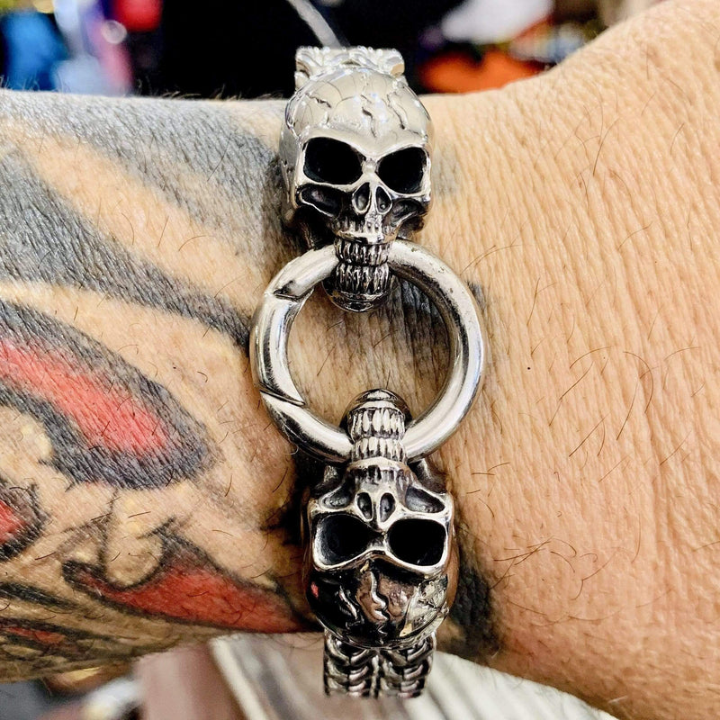 Sanity Jewelry Bracelet "Viking with 2 Skull Heads" - Stainless - 1/2 inch wide - B12