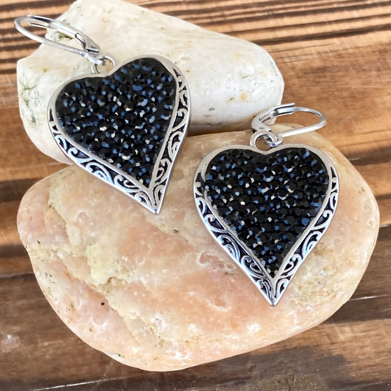 Sanity Jewelry Earrings Crystal Heart Earrings - Black - Lever Back - AJ01E