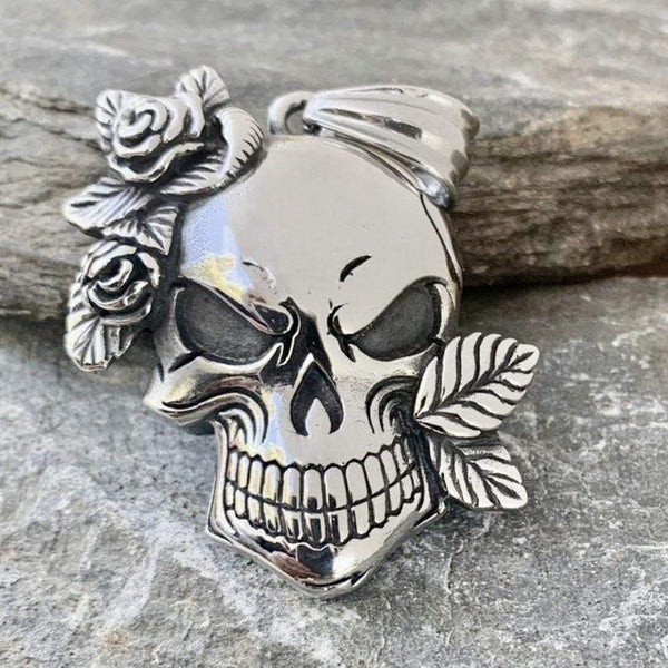 Sanity Jewelry Ladies Necklace "Rose & Leaf" Skull with Classic Chain - PEN278