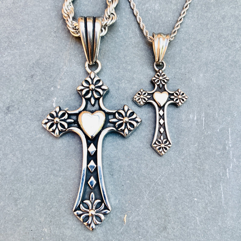 Sanity Jewelry Ladies Necklace "The Heart Cross" - Larger Cross- 2.75 inches tall - PEN709 & Classic Rope Chain or Omega