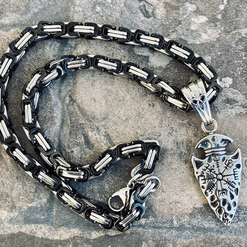 Sanity Jewelry Necklace 22” Black & Silver "Sanity's Combo" - Arrow Head W/Viking Compass Pendant & Necklace (810)
