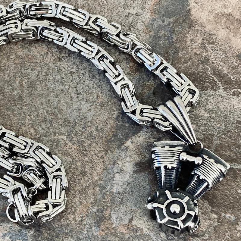 Sanity Jewelry Necklace 22” Silver "Sanity's Combo" - V-Twin Motor Pendant & Necklace (458)