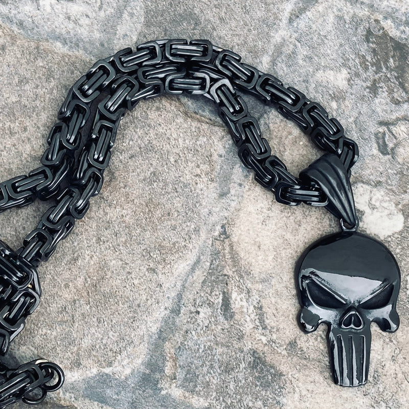 Sanity Jewelry Necklace Black 22 inches "Sanity's Combo" -Skull Matte Black (467) & Daytona Beach Chain 1/4 inch wide