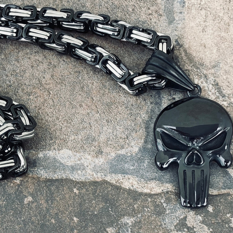 Sanity Jewelry Necklace Black & Silver Stainless 22 inches "Sanity's Combo" -Skull Matte Black (467) & Daytona Beach Chain 1/4 inch wide