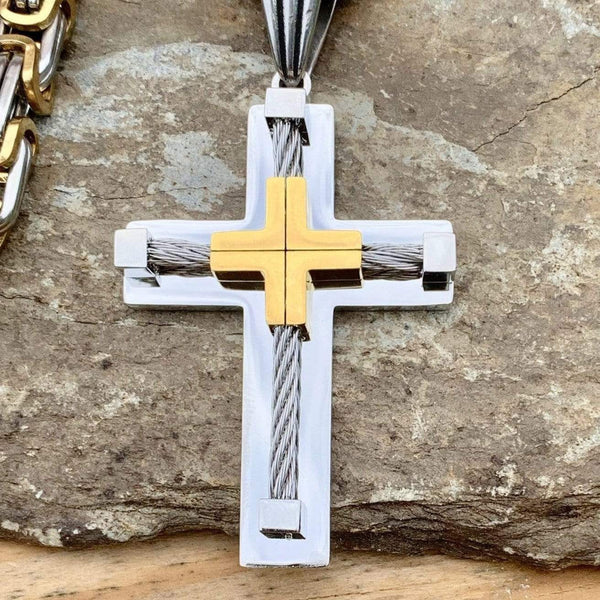 Sanity Jewelry Necklace Gold & Silver 22 inches "Sanity's Combo" - Cross - 2 Tone Gold & Silver (448) & Daytona Beach Chain 1/4 inch wide