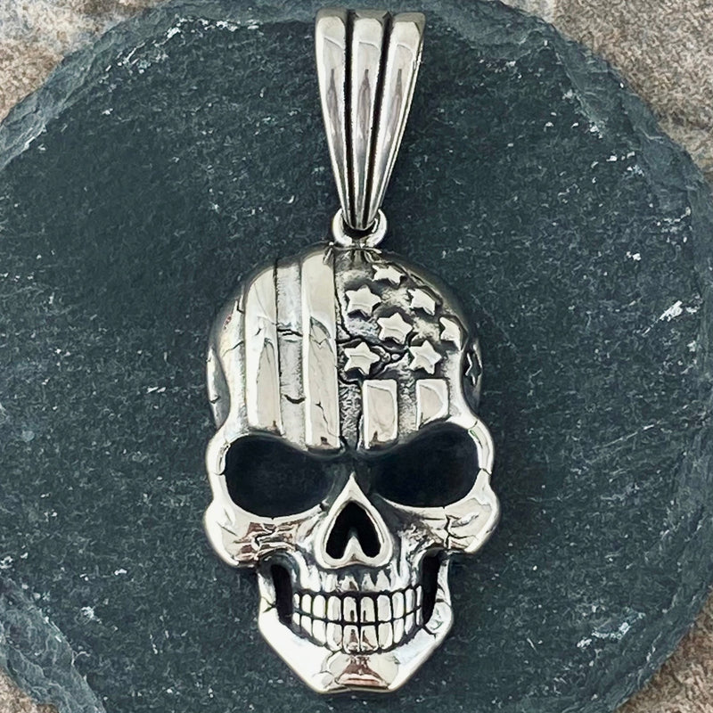 Sanity Jewelry Necklace "Sanity's Combo" - American Flag Skull (277) & Daytona Beach Chain 1/4 inch wide