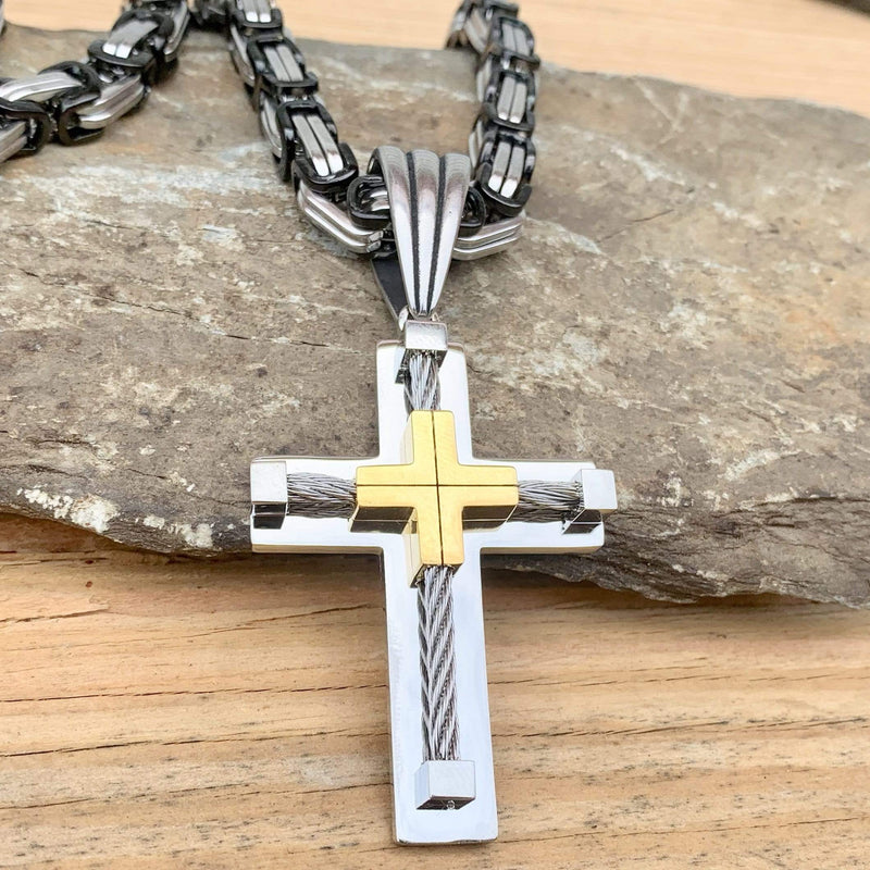 Sanity Jewelry Necklace "Sanity's Combo" - Cross - 2 Tone Gold & Silver (448) & Daytona Beach Chain 1/4 inch wide